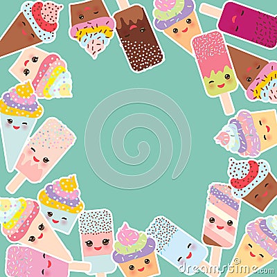 Card design for your text. round frame, cupcakes with cream, ice cream in waffle cones, ice lolly Kawaii with pink cheeks and win Vector Illustration