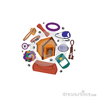 Card with dogs food, goods, houses and supplies. Cartoon Illustration