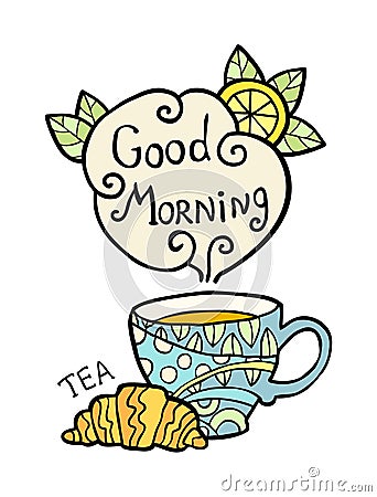 Card with doodle cup of tea and smoke. Vector Illustration