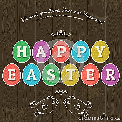 Card for Easter day with eleven colored eggs and greetings tex Vector Illustration