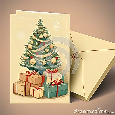 Card and envelope: drawn Christmas tree with baubles, chains and gifts. Christmas card as a symbol of remembrance of the birth of Vector Illustration