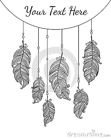 Card with ethnic bird feathers dreamcatcher in boho style. Boho collection black and white colors vector hand drawn, Vector Illustration