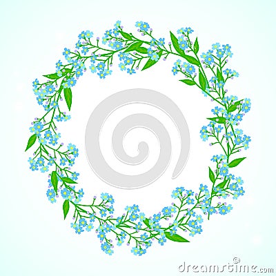 Card with forget me not flowers wreath Vector Illustration