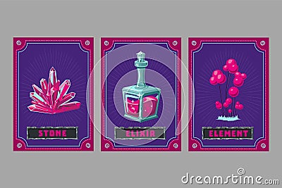 Card game collection. Fantasy ui kit with magic items. User interface design elements with decorative frame. Cartoon Vector Illustration