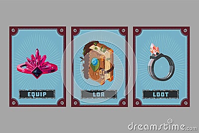 Card game collection. Fantasy ui kit with magic items. User interface design elements with decorative frame. Cartoon Vector Illustration
