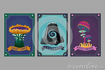 Card game collection. Fantasy ui kit with magic items. User interface design elements with decorative frame. Cartoon Vector Illustration