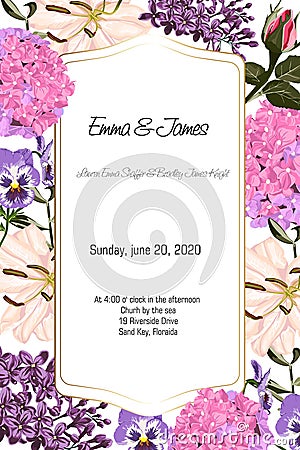 Card with garden flowers: roses, lilies, hydrangea, watercolor style, can be used as invitation card. Cartoon Illustration