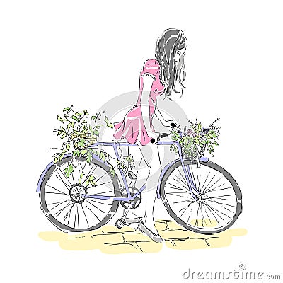 Card with girl riding a bike. Vector freehand Vector Illustration