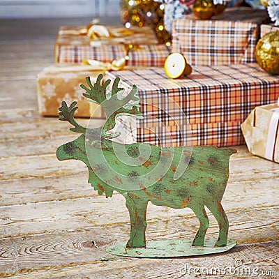 Card With Golden Festive Decoration.Green Moose, Christmas Ball Stock Photo