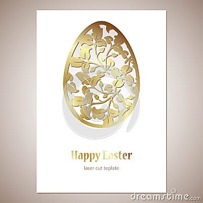 Card with golden openwork Easter egg with leaves and space for text. Laser cutting template. Vector Illustration