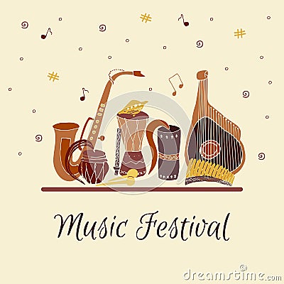 Card with hand drawn traditional music instruments. Music festival. Vector Illustration