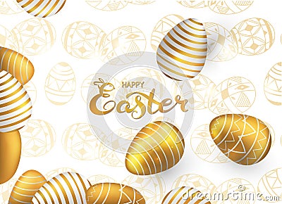 Card happy Easter gold eggs on transparent background. Vector Illustration