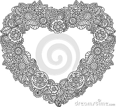 Card of Heart-shaped with flowers. Vector Coloring book for adult. Valentines day card. Weddings invitation. Vector Illustration