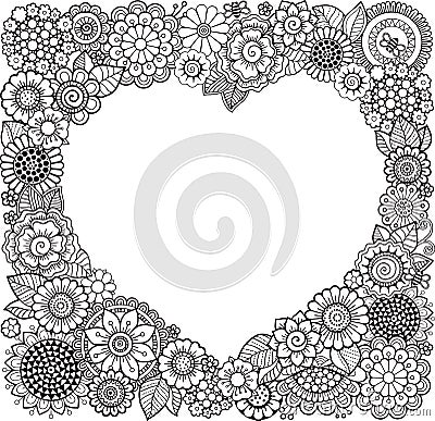 Card of Heart-shaped with flowers. Vector Coloring book for adult. Valentines day card. Weddings invitation. Vector Illustration