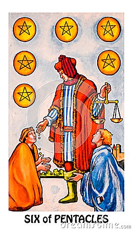 Six VI of Pentacles Tarot Card Charity Generosity Support Stock Photo