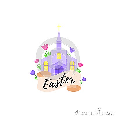 Card for the holiday of Easter with a church and flowers. Vector illustration. Vector Illustration