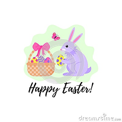 Card for the holiday of Easter with a rabbit and a basket with eggs. Vector illustration. Vector Illustration