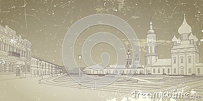 Card with image of the Russian city. Vector Illustration