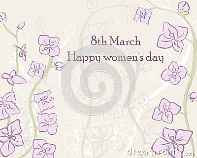 Card International Women`s Day in gentle tones. 8 March postcard vector template. Design greeting with beautiful orchids. Vector Illustration