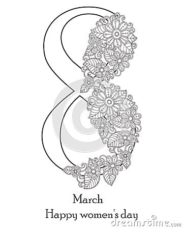 Card International Women`s Day. 8 March postcard vector template. Design greeting with zen tangle style flower. Vector Illustration