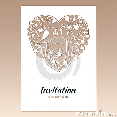 Card invitation with openwork heart and two birds. Vector Illustration