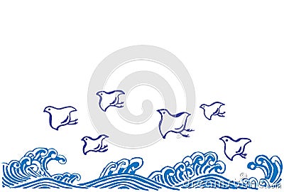 Card of Japanese plover and wave. Vector Illustration