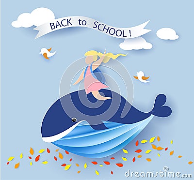 Card with kids sitting on whale flying on blue sky Vector Illustration