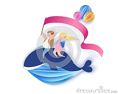 Card with kids sitting on whale flying in sky Vector Illustration