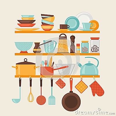 Card with kitchen shelves and cooking utensils in Vector Illustration