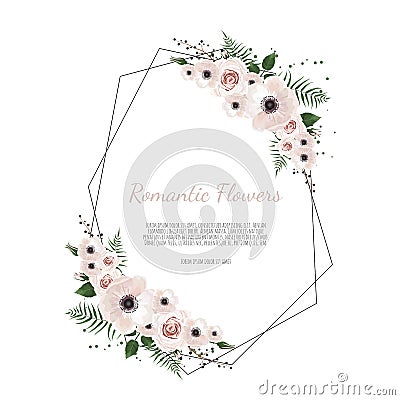 Card with leaves and geometrical frame. Floral poster. Vector Illustration
