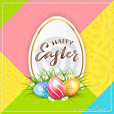 Card with Painted Easter Eggs in Grass on Colorful Background Vector Illustration