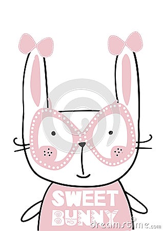 Card with lettering sweet bunny and cute bunny. Handwritten vector Cartoon Illustration