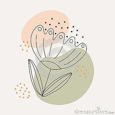 Card, line icon, flower with spots and dots. Valentine's day elements and wedding doodles. Vector Illustration