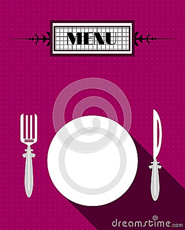 Card of menu with white plate and fork and knife, Vector Illustration