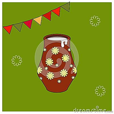 Card with milk. Clay jug with floral yellow ornament. kitchenware symbols of the spring holiday Shrovetide or Maslenitsa. Isolated Vector Illustration