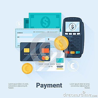 Card, Money, Coins and Cheque. Payment Methods Concept. Flat Style with Long Shadows. Clean Design. Vector Illustration