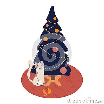Card New year with funny cat and Christmas tree. Cat playing near Christmas tree with glass balls Vector Illustration
