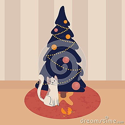 Card New year with funny cat and Christmas tree. Cat playing near Christmas tree with glass balls Stock Photo