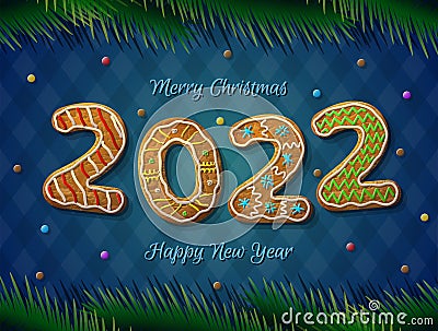 Card of New Year 2022 in shape of gingerbread Vector Illustration