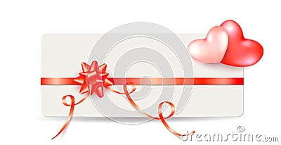 Card note with shiny red bow and ribbons with two hearts Stock Photo
