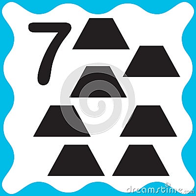 Card number 7 seven and trapeze. Learning numbers and geometric shapes, mathematics. Game for children. Vector illustration Vector Illustration