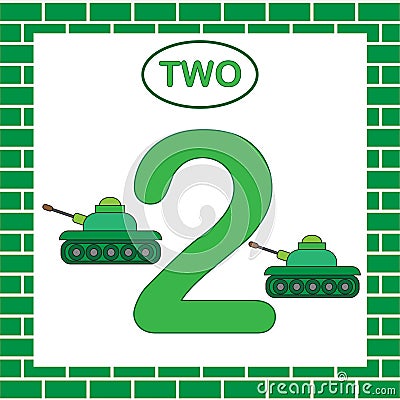 Card with number 2 two. Learning numbers, mathematics. Education. Tank, transport. Vector Illustration