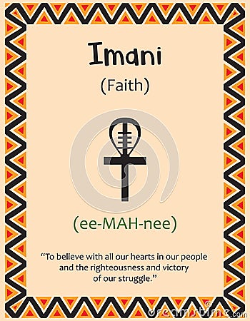 A card with one of the Kwanzaa principles. Symbol Imani means Faith in Swahili. Poster with sign and description. Ethnic Vector Illustration