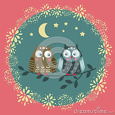 Card with owls, funny vector illustration. Vector Illustration