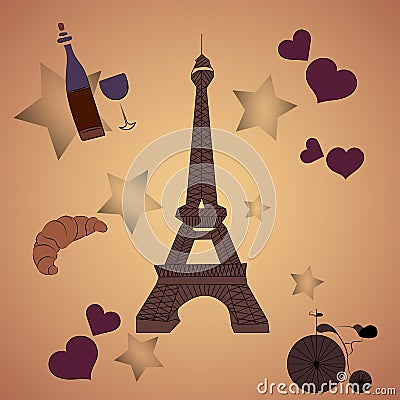 Card with paris elements, eiffel tower bottle of wine heart and bicycle Vector Illustration