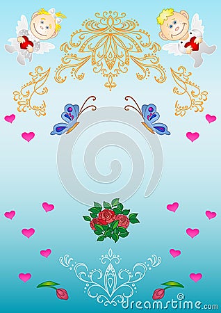Card. Patterns, flowers, hearts, angels Vector Illustration