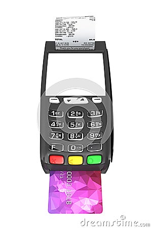 Card payment terminal with an empty screen POS terminal with credit card and receipt isolated on white background 3d render Stock Photo