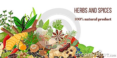 Card with Pile of Realistic popular culinary herbs and spices. Spice store logo. Shop sign Stock Photo