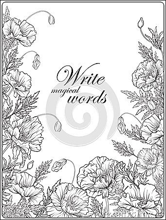 Card with poppies Outline hand drawing coloring page for adult c Vector Illustration