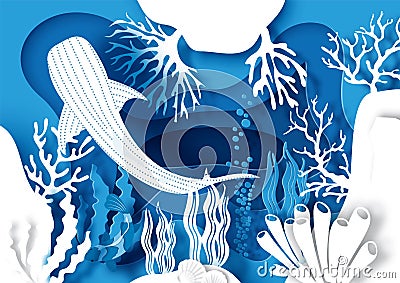 Card and poster scene of under the sea and ocean in layers paper cut style and vector design with white whale shark Vector Illustration